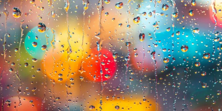 Raindrops on a windowpane with a vibrant bokeh effect from background city lights on a rainy night.