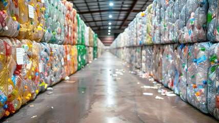 Plastic bottle recycling plant, plastic reuse. Caring for ecology and the environment, responsible consumption concept.