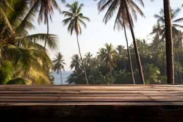 Wooden Black Table Top on Blurry Tropical Beach Background - Perfect for Product Display and Montage