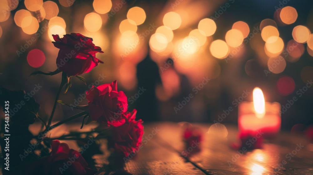 Poster the warm glow of candlelight complements red roses on a wooden surface, with a soft bokeh backdrop c