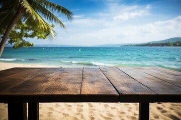 Black Wooden Table on Blur Tropical Beach Background - Perfect Display or Montage for Your Products