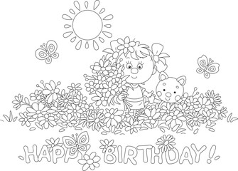 Birthday card with a happy little girl holding a beautiful bouquet among summer flowers and merrily flying butterflies in a pretty garden on a warm sunny day, vector cartoon illustration