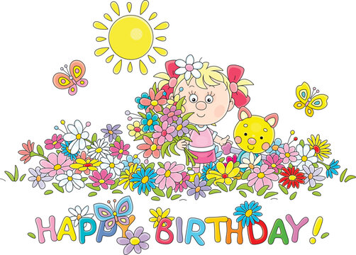 Birthday card with a happy little girl holding a beautiful bouquet among colorful summer flowers and merrily flying butterflies in a pretty garden on a warm sunny day, vector cartoon illustration