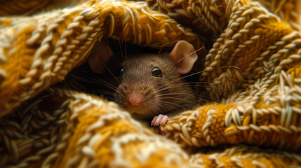 毛布に隠れて顔だけを出す可愛いネズミ - obrazy, fototapety, plakaty