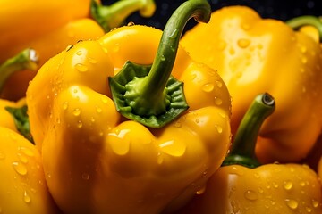 Fresh yellow bell pepper with water droplets on black background