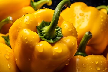 Fresh yellow bell pepper with water droplets on black background - Powered by Adobe