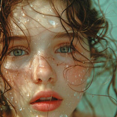 Captivating girl's gaze through water droplets: close-up of a young woman with mesmerizing blue eyes, wet skin, and hair covered with water droplets. Looking at camera