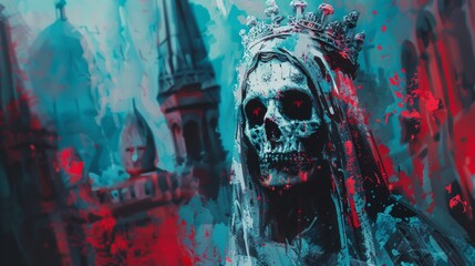 Digital art portrait of a skull queen with a glitchy red and cyan effect.