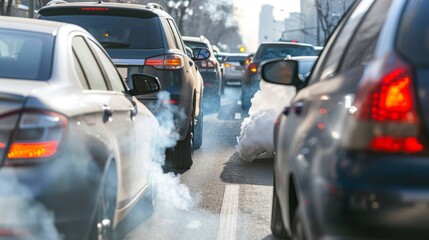 Cars stuck in traffic emitting exhaust fumes on a busy city street, depicting air pollution and...