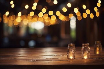 Bokeh-lit pub or bar ambiance with an inviting wooden round table, ideal for socializing and relaxation.