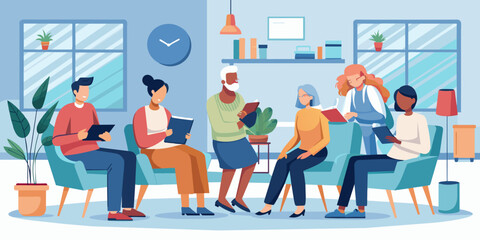 Waiting Room Moments: Vector Illustration of Patients Reading, Using Tablets, and Talking