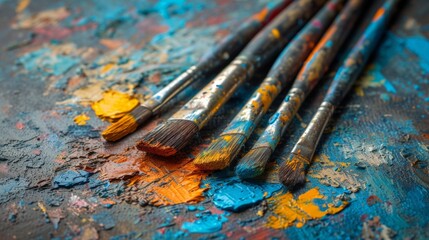 Set of various sized paint brushes on a table with colorful splashes of paint on top of them