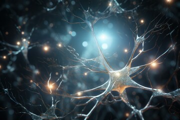 Microscopic Single neuron synapses. Axon brain cell impulse signal. Generate Ai - obrazy, fototapety, plakaty