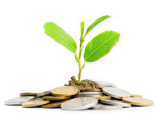 Fresh Plant and Coins on White for Investment Concept