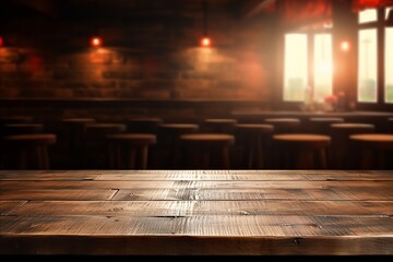 Spacious Empty Wooden Round Table with Bokeh Lights on Blurred Background of Pub or Bar