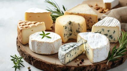 A luxurious array of fine cheeses, from blue to brie, artfully arranged on a wooden board