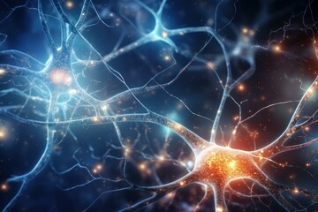 Luminescent Neurons brain. Receptor system mind. Generate Ai