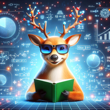 3d illustration of deer smile with sunglasses, reading book and solving math data analytics in concept of future mathematics artificial intelligence technology background - Generative AI