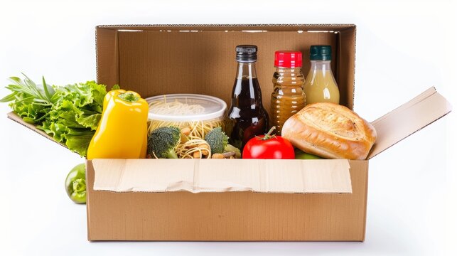 Food items in cardboard box , isolated , white background