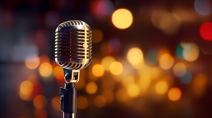 Podcasting concept, microphone on blurred background