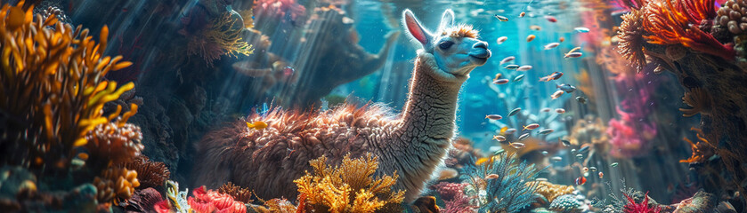 Alpaca at the aquarium - obrazy, fototapety, plakaty