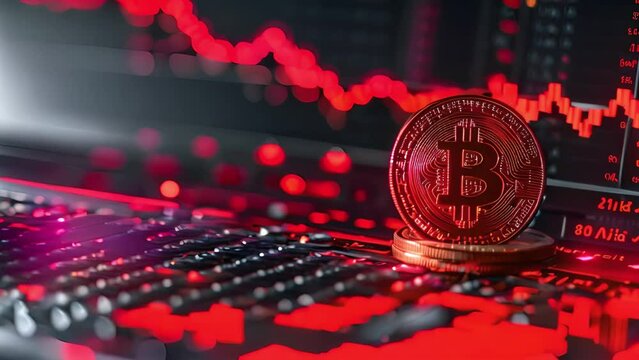 Bitcoin with red chart down. Crypto and Bitcoin cryptocurrency stock trading background concept. Golden bitcoin over many international money coins with abstract trading red market data chart 4k