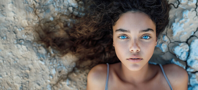 Dermatology cosmetics image of a beautiful young brunette teenage girl face with blue eyes on cracked desert ground background as a symbol of dry skin