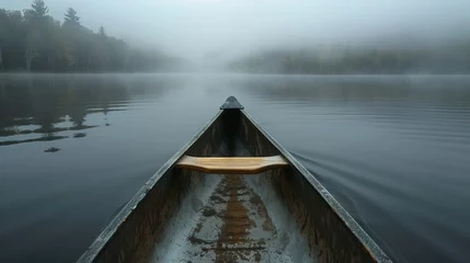 Plexiglas foto achterwand Bow of a canoe in the morning on a misty lake in Ontario, Canada.  © Emil