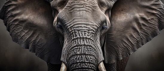 A closeup black and white portrait capturing the majestic presence of an African elephant. The elephant is standing tall, showcasing its large ears and distinctive tusks against a backdrop of
