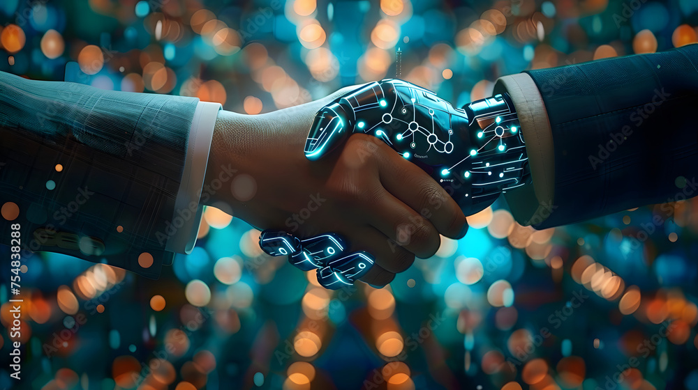 Poster shaking hands with a digital partner in front of a futuristic background. artificial intelligence an