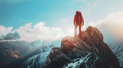 A man never gives up, strength and power. A man feels determination to climb a steep mountain.