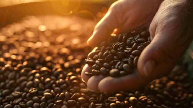 Close-up of hands tending coffee beans under sunset light.
