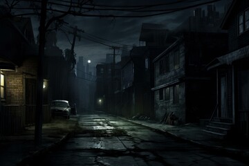 Shadowy Night dark street. House alone scene. Generate Ai