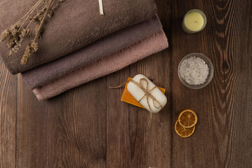 Spa composition on wooden background. Top view