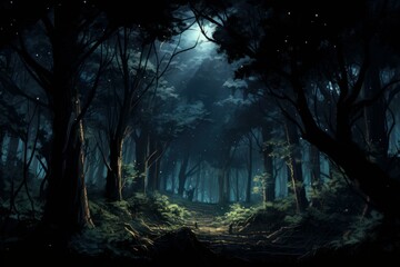 Dark Night forest jungle moon. Nature black. Generate Ai