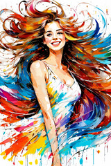 Farbenfrohe Lebensfreude - Dieses Kunstwerk zeigt eine lächelnde Frau, umgeben von einem Wirbel lebendiger Farben, die ihre Haare und Kleidung zu erfassen scheinen. Es vermittelt ein Gefühl von Freude - obrazy, fototapety, plakaty