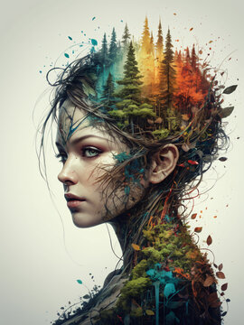 Verwurzelte Gedanken - Ein Bild, das eine Frau zeigt, deren Haar und Gedanken sich in einen lebendigen Wald verwandeln, symbolisch f&uuml;r die tiefe Verbindung zur Natur.