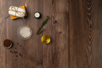 Spa composition on wooden background. Top view