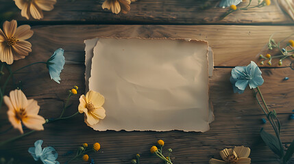 a block of paper sheet seen from above placed on a wooden table, around mini flowers in yellow and blue tones, soft and light atmosphere