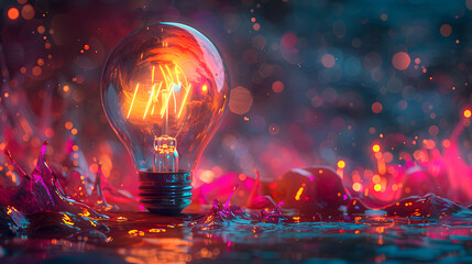 A lightbulb glows against a red and blue  oil painting background.