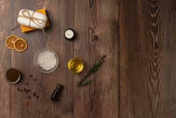 Spa composition on wooden background. Top view
