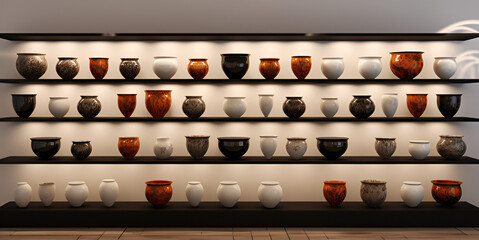  Museum of Art gallery in Greece full different shape hand made clay pot on wooden shelf 
