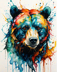 Farbvision des Waldes - Ein lebhaftes Porträt eines Bären, eingetaucht in ein vielfältiges Farbenspiel, das seine ruhige Kraft und Verbundenheit mit der Natur ausdrückt.