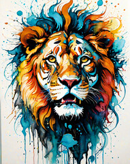 König der Farbenpracht - Ein eindrucksvolles Porträt eines Löwen, umhüllt von einem Wirbel aus Farben, der seine majestätische Präsenz unterstreicht.