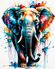 Majestätische Farbensinfonie - Ein eindrucksvolles Porträt eines Elefanten, der in einem Meer aus Farben steht, symbolisch für Weisheit und Stärke.