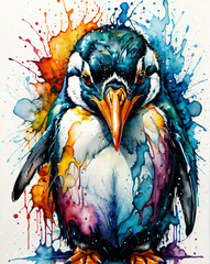 Farbexplosion im Pinguinblick - Ein lebendiges Porträt eines Pinguins, umgeben von einem farbenfrohen Wirbel, der seine verspielte Natur unterstreicht.
