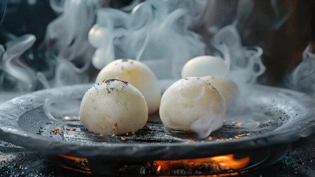 Bake mochi rice cakes on a charcoal grill. Moji expanded with smoke studio light