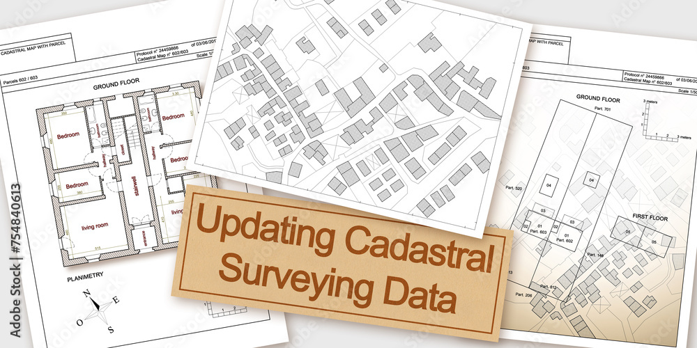 Poster updating public cadastral digital surveying databases and information about land registry - concept 