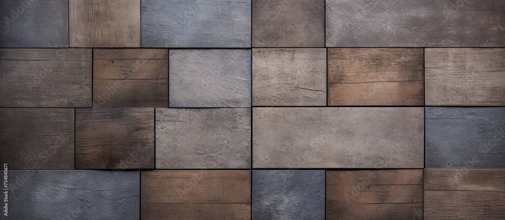 Aufkleber a wall constructed using an assortment of tiles, including concrete and wood, creating a unique text