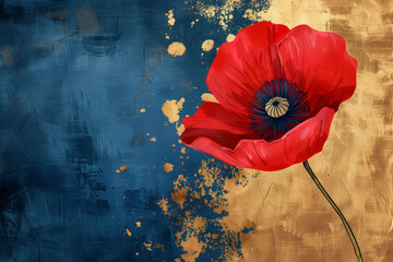 Dramatic Poppy - Striking Red Flower on a Textured Blue and Gold Background - obrazy, fototapety, plakaty